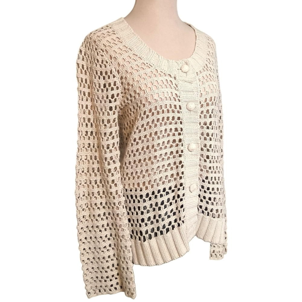 Creamy Beige Cottagecore Boho Crochet Button Down Sweater by Stamp 10